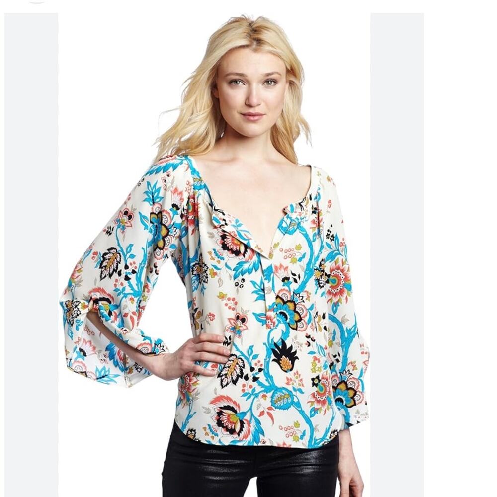 Alice & Trixie 100% Silk Floral Peasant Blouse Boho Top Small Blue Cream